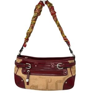 Etienne Aigner Women Oxblood Red Leather Shoulder Bag Tan Monogram Y2K Purse‎